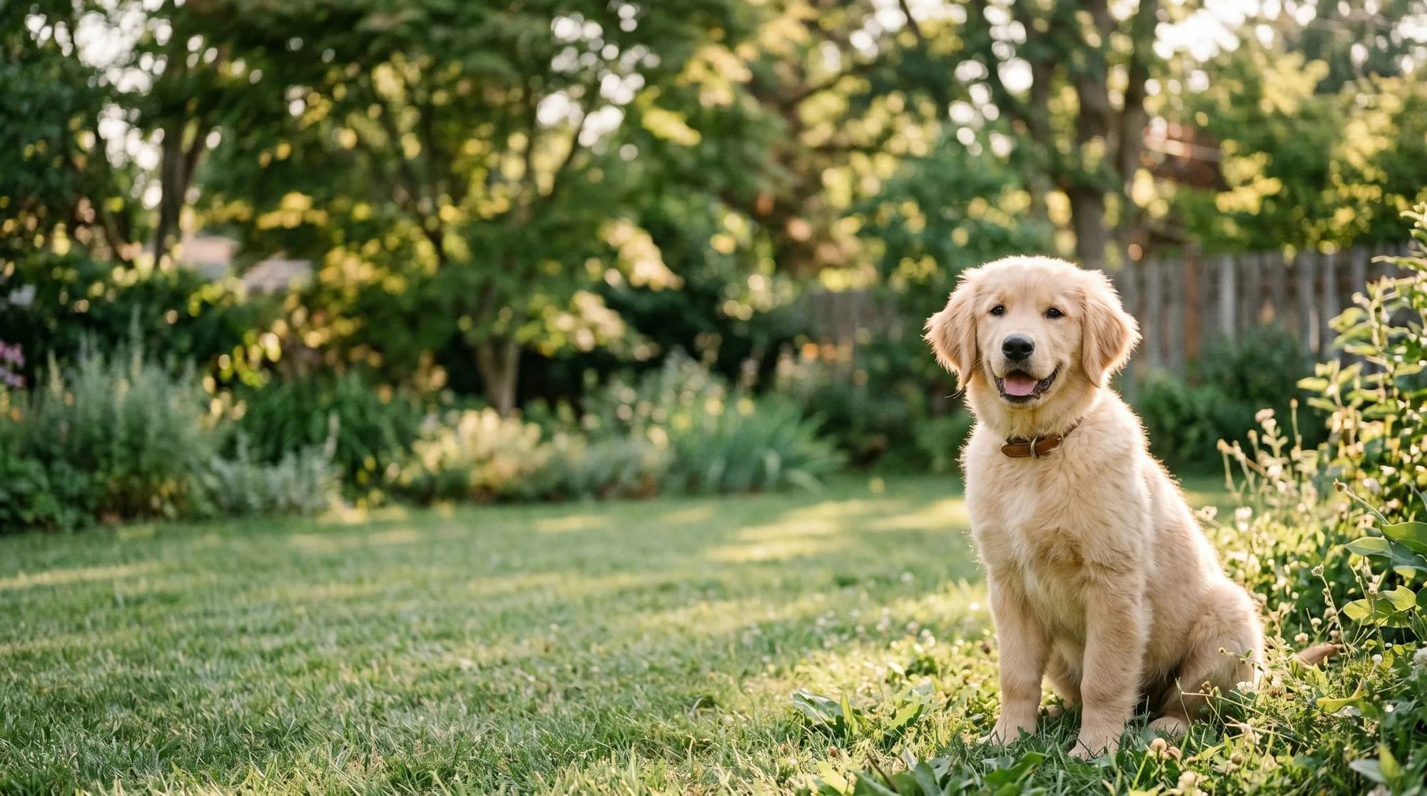 A happy golden retriever puppy in a sunny Medford backyard