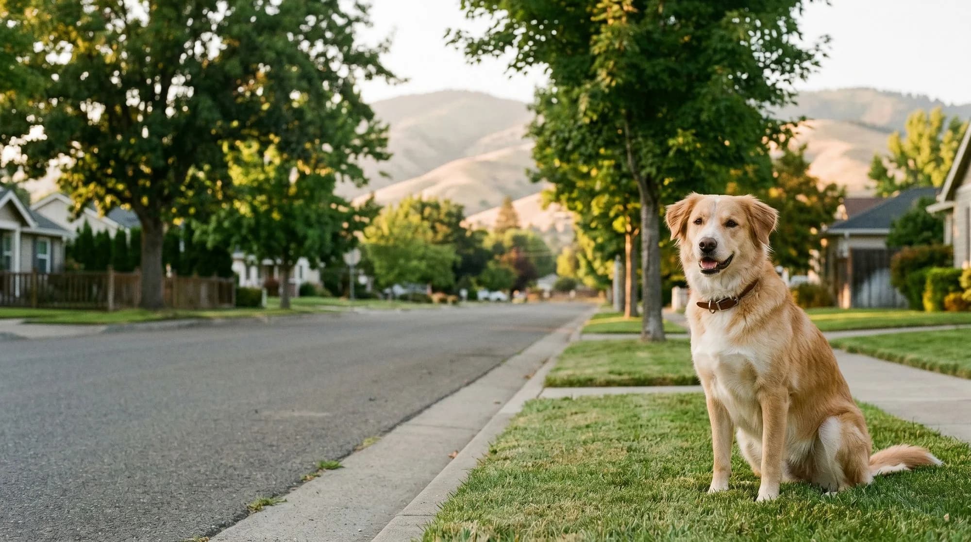 A happy dog sitting on a tree-lined Medford street with the Rogue Valley hills behind