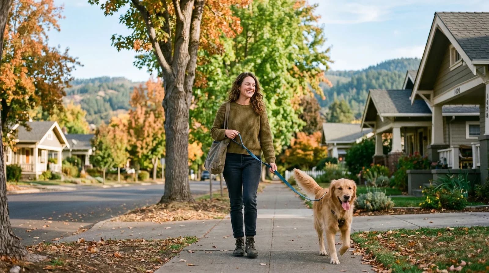 Paws Up pet sitter walking a dog on a tree-lined Medford street
